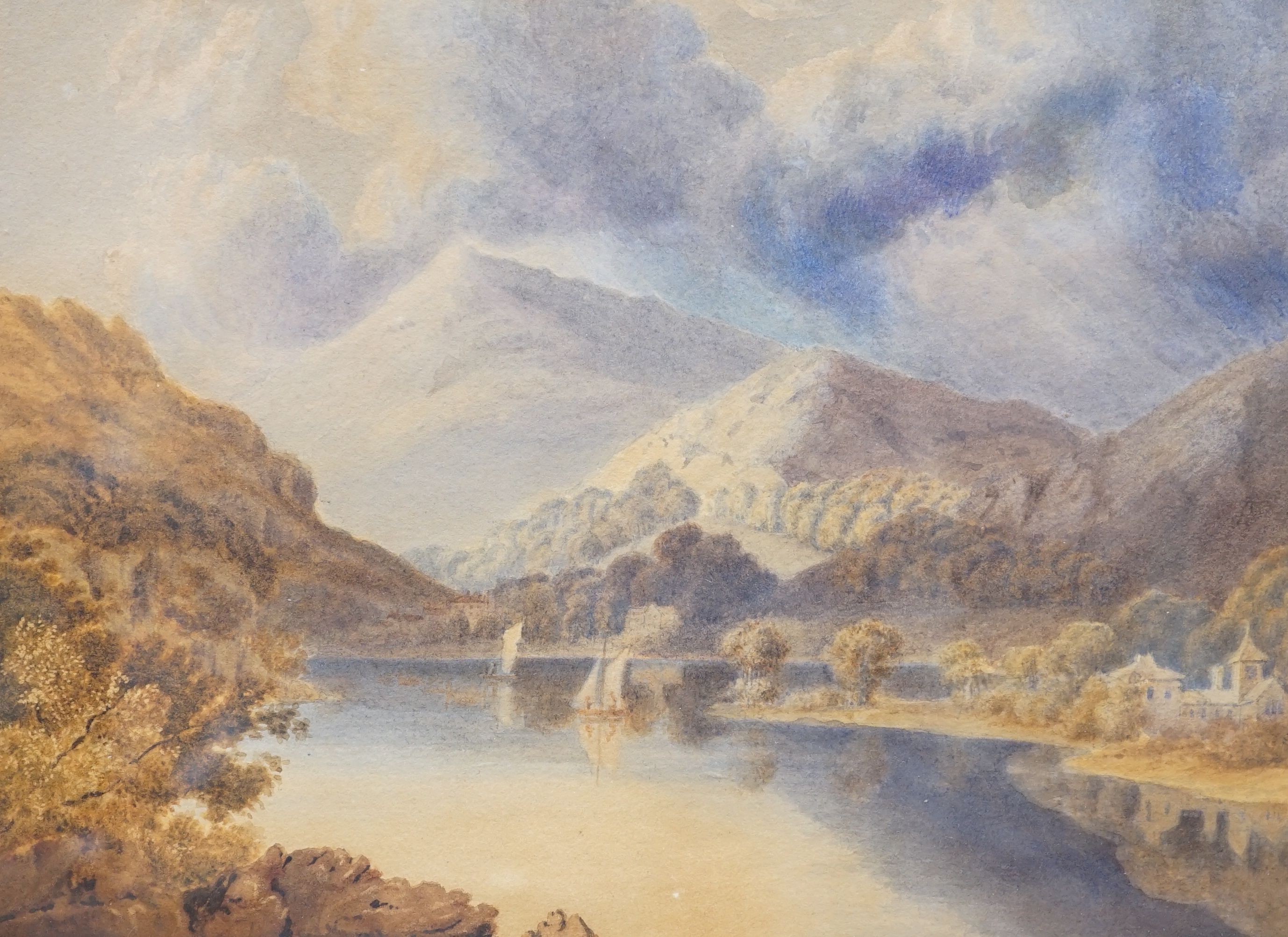 Attributed to George Fennel Robson (1788-1833), Lakeland view with small sailing boats, pen and watercolour, 19 x 25.5cm